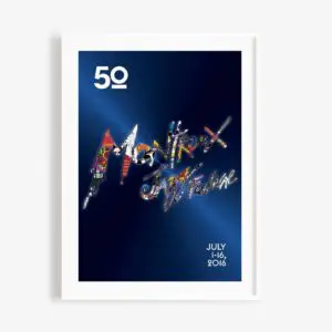 The Poster Giovanni Riva, 2016, celebrates Montreux's 50th Jazz Festival with vibrant illuminated text on a blue background; dates July 1–16, 2016 appear at the bottom right.
