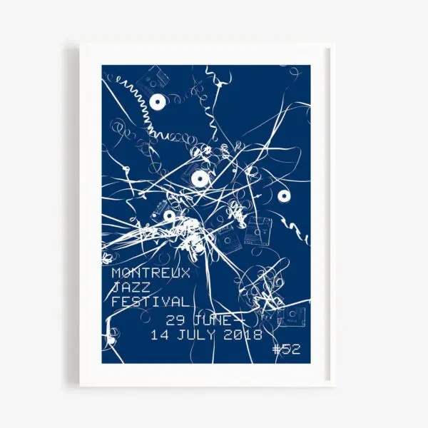 Poster Christian Marclay, 2018: Abstract blue and white design with tangled lines and audio equipment parts. Text: Montreux Jazz Festival, 29 June–14 July 2018, #52. The artwork captures a vibrant, musical energy.