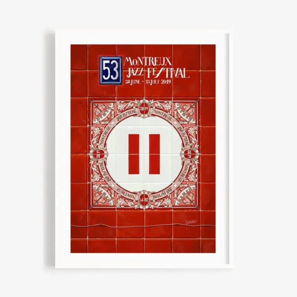 Poster Ignasi Monreal, 2019 - Pause: Features a red tiled background, white pause symbol in the center, and 53rd Montreux Jazz Festival (2019) details at the top.