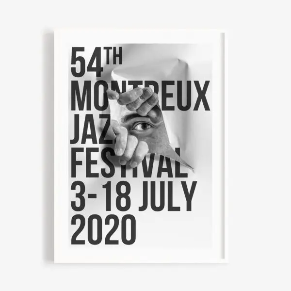 Poster JR, 2020: A large black text overlays a black-and-white image of a hand tearing paper to reveal an eye peering through the opening. Created for the 54th Montreux Jazz Festival, held 3–18 July 2020.