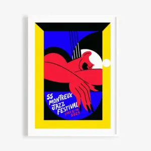 A vibrant Poster Marylou Faure, 2021, showcases abstract art with a red figure resting on folded arms amid bold blue, yellow, black, and white geometric shapes.