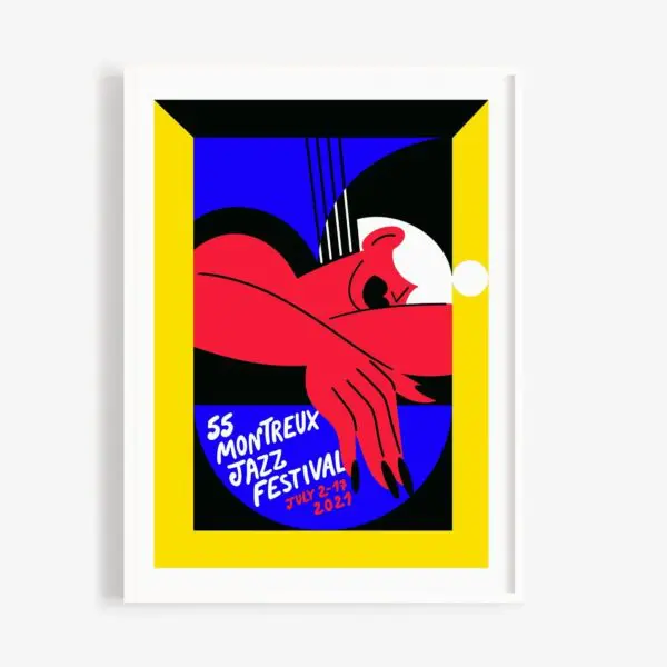 A vibrant Poster Marylou Faure, 2021, showcases abstract art with a red figure resting on folded arms amid bold blue, yellow, black, and white geometric shapes.