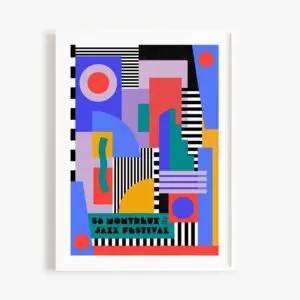 Poster Camille Walala, 2022: Vibrant geometric poster inspired by Camille Walala with rectangles, circles, stripes, and bold shapes. “56 Montreux Jazz Festival” text at the bottom. Displayed in a white frame.