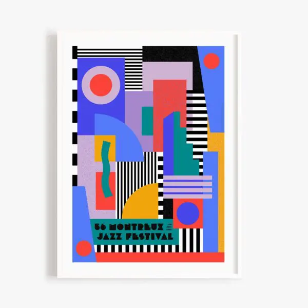 Poster Camille Walala, 2022: Vibrant geometric poster inspired by Camille Walala with rectangles, circles, stripes, and bold shapes. “56 Montreux Jazz Festival” text at the bottom. Displayed in a white frame.
