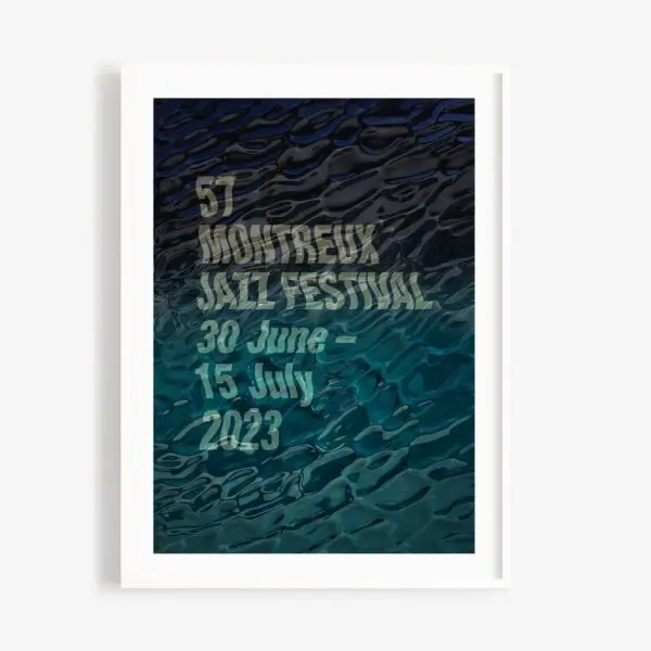 Poster Guillaume “SupaKitch” Grando, 2023: Features text over rippling water shifting from dark to light blue, marking the 57th Montreux Jazz Festival, held 30 June – 15 July 2023.