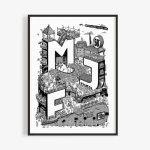 Affiche illustrée en noir et blanc avec de grandes lettres MJF et 58 montrant une scène de festival animée, des scènes, des foules, des performances musicales, et le Montreux Jazz Festival 2024 en haut. Encadrée sur un fond blanc.