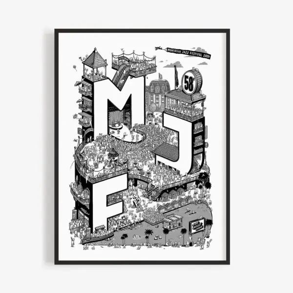 Affiche illustrée en noir et blanc avec de grandes lettres MJF et 58 montrant une scène de festival animée, des scènes, des foules, des performances musicales, et le Montreux Jazz Festival 2024 en haut. Encadrée sur un fond blanc.