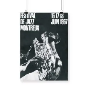 Affiche Giuseppe Pino, 1967 : Affiche en noir et blanc pour le Festival de jazz de Montreux, représentant un saxophoniste en gros plan flou, avec un texte blanc en gras indiquant les dates et le lieu de l'événement.