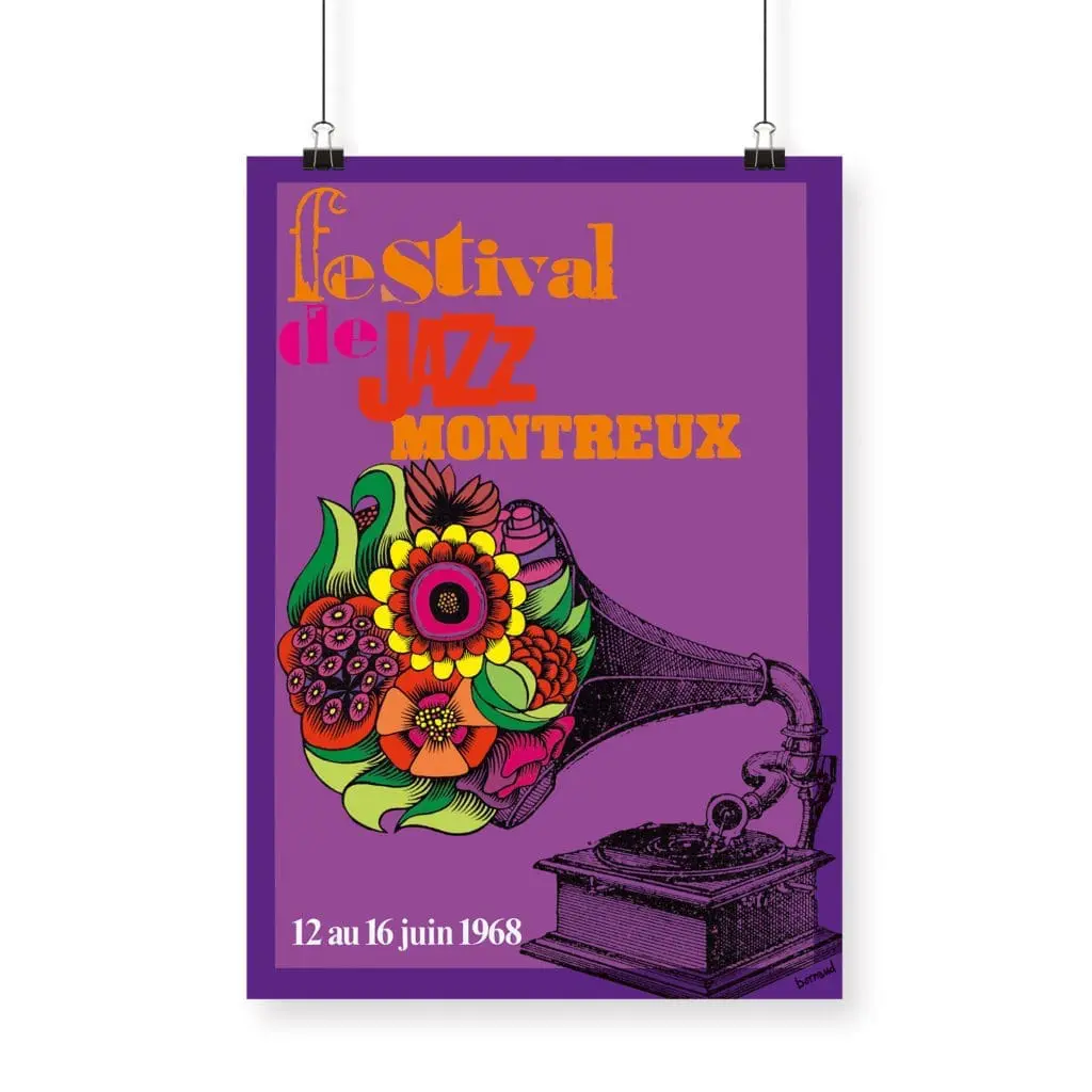 L'Affiche Roger Bornand, 1968, présente un gramophone aux fleurs éclatantes et un texte jaune, orange et rose pour le Montreux Jazz Festival, avec les dates de l'événement "12 au 16 juin 1968" au bas de l'affiche.