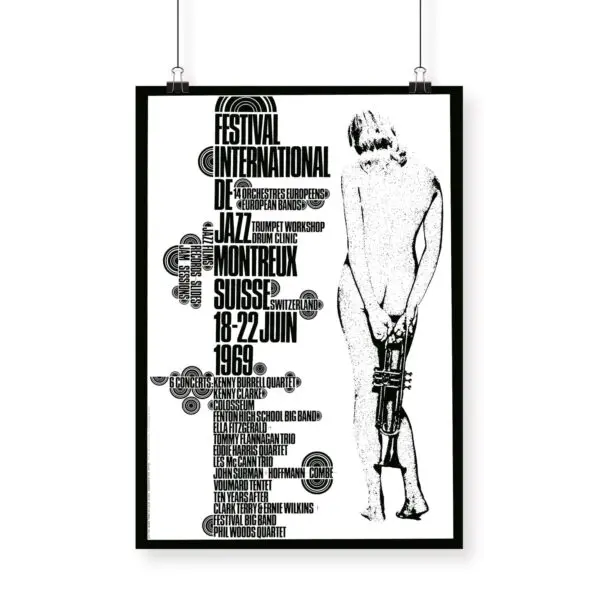 Affiche Eric Wondergem, 1969 : Affiche du Festival de Jazz de Montreux en noir et blanc représentant un nu stylisé avec une trompette, ainsi que les détails de l'événement et les noms des groupes en caractères artistiques gras sur la gauche.