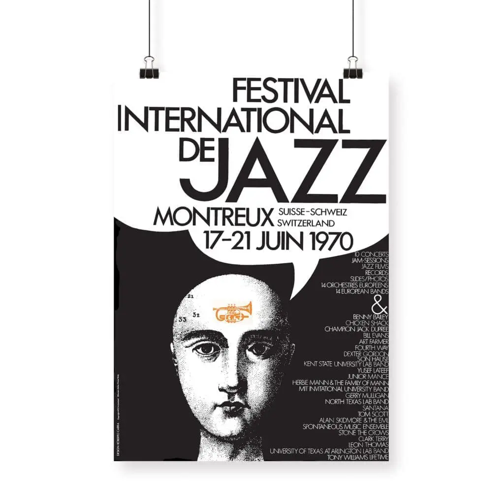 Poster Roberto Carra, 1970: Features a stylized black-and-white face and bold text for the Montreux Jazz Festival, with event details “Festival International de Jazz, Montreux, 17–21 Juin 1970” and performer list.