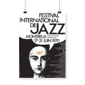 L'Affiche Roberto Carra, 1970 est une affiche en noir et blanc pour le Festival International de Jazz de Montreux. Elle présente une illustration classique et un texte en gras de l'artiste : "Festival International de Jazz, Montreux, 17-21 Juin 1970".