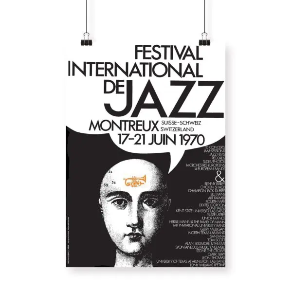 L'Affiche Roberto Carra, 1970 est une affiche en noir et blanc pour le Festival International de Jazz de Montreux. Elle présente une illustration classique et un texte en gras de l'artiste : "Festival International de Jazz, Montreux, 17-21 Juin 1970".