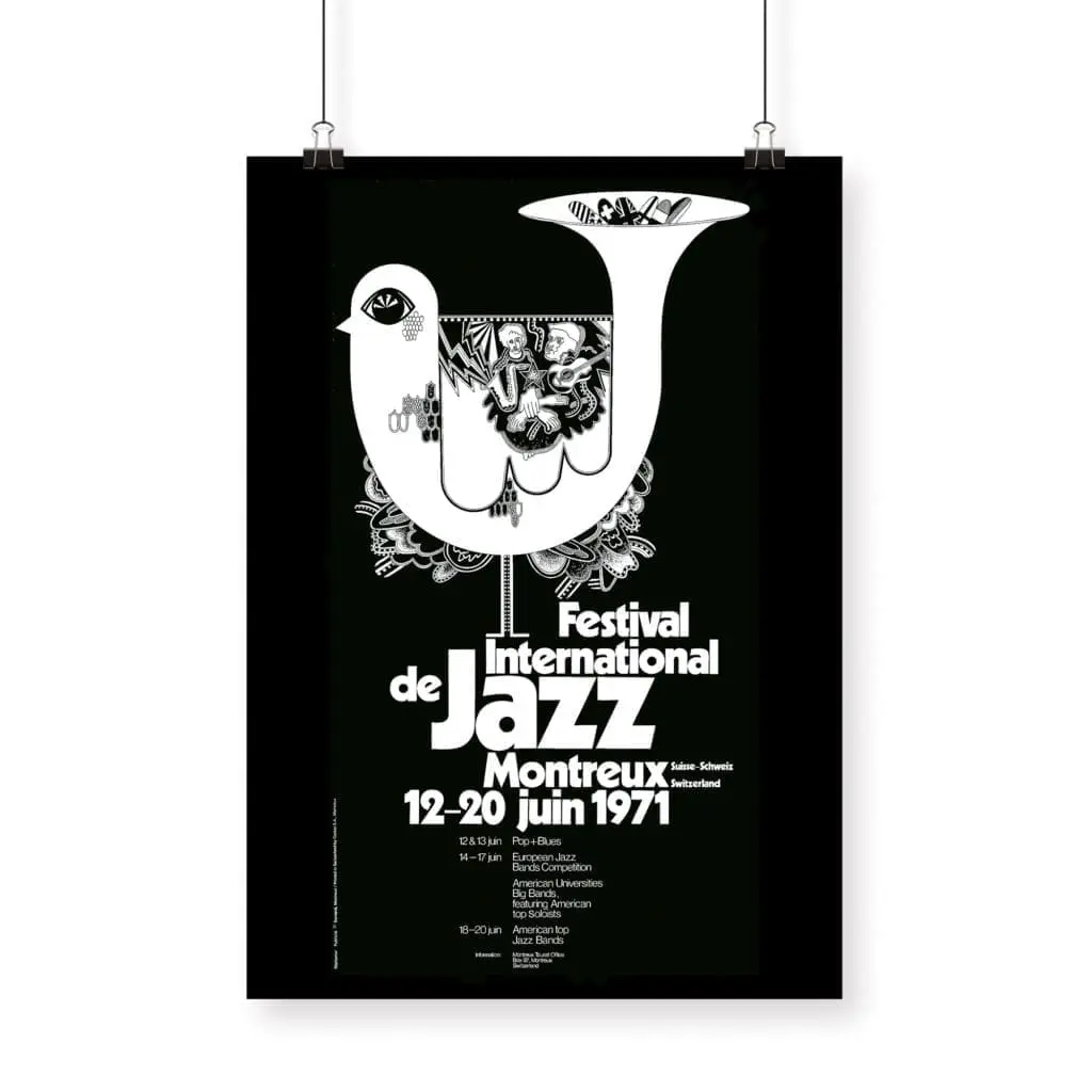 Poster Bruno Gaeng, 1971: Black and white Montreux Jazz Festival poster with a trumpet-shaped bird and musical motifs. Includes event dates, location, and performer info.