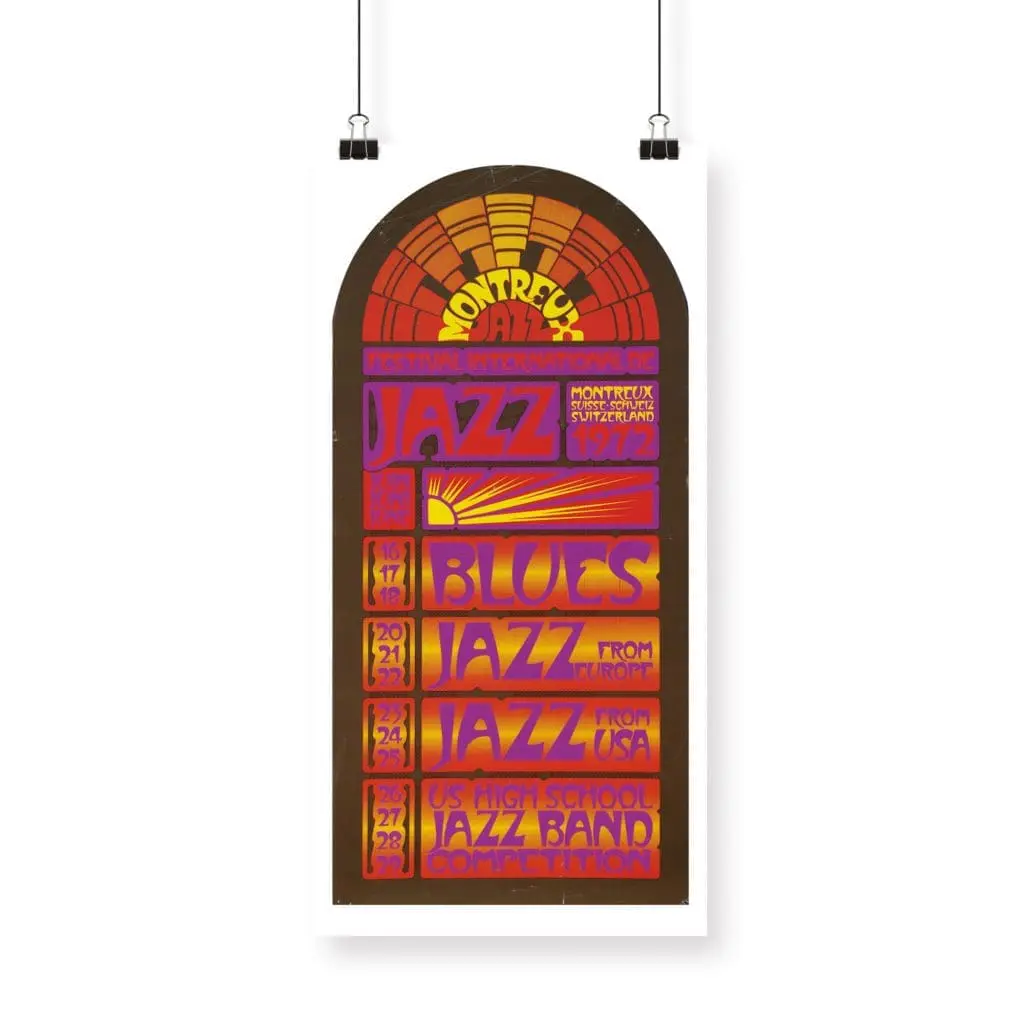 L'Affiche Hamish Grimes, 1972 est une affiche rétro vibrante pour le Festival de Jazz de Montreux, avec des couleurs vives, des motifs géométriques et les dates de l'événement affichées sur un fond de fenêtre arquée stylisée.