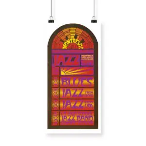 L'Affiche Hamish Grimes, 1972 est une affiche rétro vibrante pour le Festival de Jazz de Montreux, avec des couleurs vives, des motifs géométriques et les dates de l'événement affichées sur un fond de fenêtre arquée stylisée.