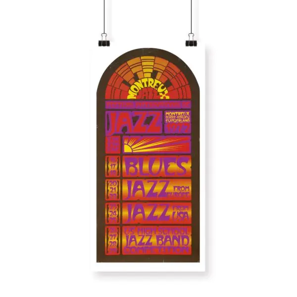 L'Affiche Hamish Grimes, 1972 est une affiche rétro vibrante pour le Festival de Jazz de Montreux, avec des couleurs vives, des motifs géométriques et les dates de l'événement affichées sur un fond de fenêtre arquée stylisée.