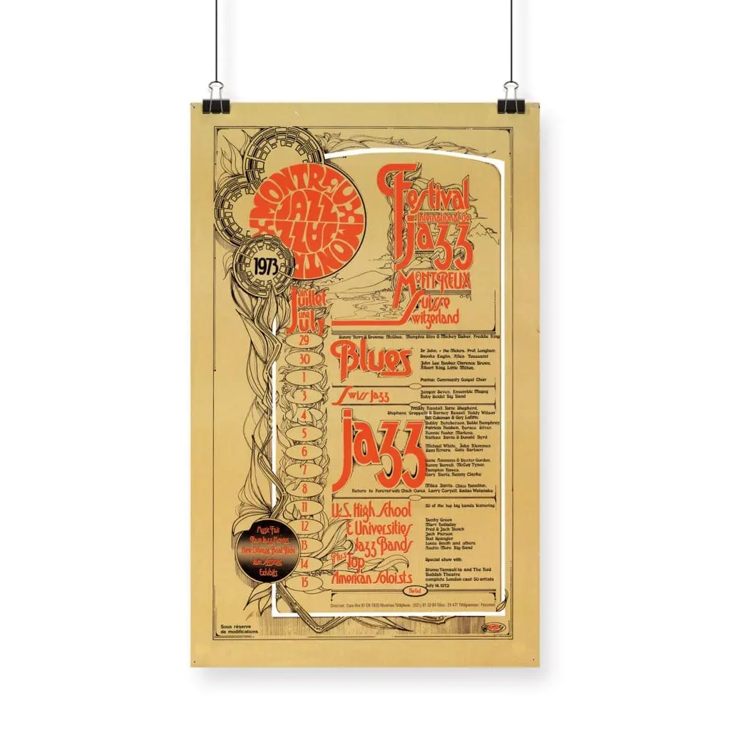 Poster Hamish Grimes, 1973: Vintage Montreux Jazz Festival poster with stylized text, decorative thermometer, and event details in red and black on a yellowed background, displayed with hanging clips.
