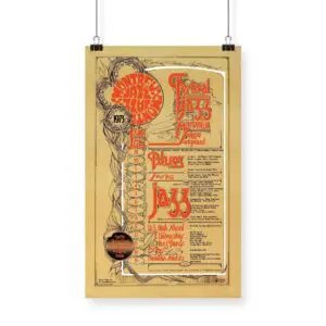 Affiche Hamish Grimes, 1973 : Affiche d'époque comportant un texte stylisé, des informations sur l'événement et un thermomètre pour le Festival international de jazz de Montreux-Détroit, présentée avec deux pinces à classeur noires sur fond blanc.