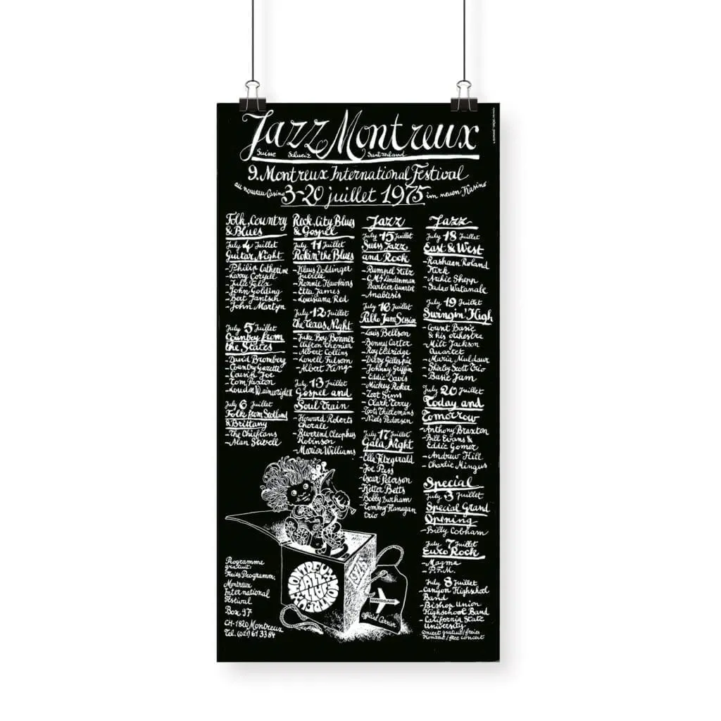 Poster Bruno Gaeng, 1975: Black and white poster for the 9th Montreux Jazz Festival (July 3-20, 1975) features handwritten performer names, a flower illustration, and a box with music notes at the bottom.