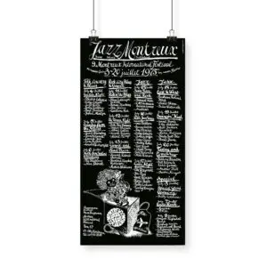 Poster Bruno Gaeng, 1975: Black and white poster for the 9th Montreux Jazz Festival (July 3-20, 1975) features handwritten performer names, a flower illustration, and a box with music notes at the bottom.
