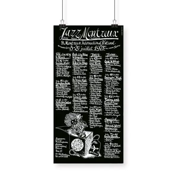 Poster Bruno Gaeng, 1975: Black and white poster for the 9th Montreux Jazz Festival (July 3-20, 1975) features handwritten performer names, a flower illustration, and a box with music notes at the bottom.