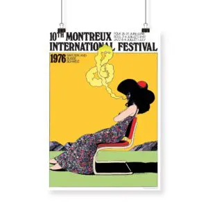 Poster Milton Glaser, 1976: A woman in a floral dress and red hat sits on a chair blowing yellow smoke, set against mountains and a vibrant yellow background. Created for the 10th Montreux International Festival.