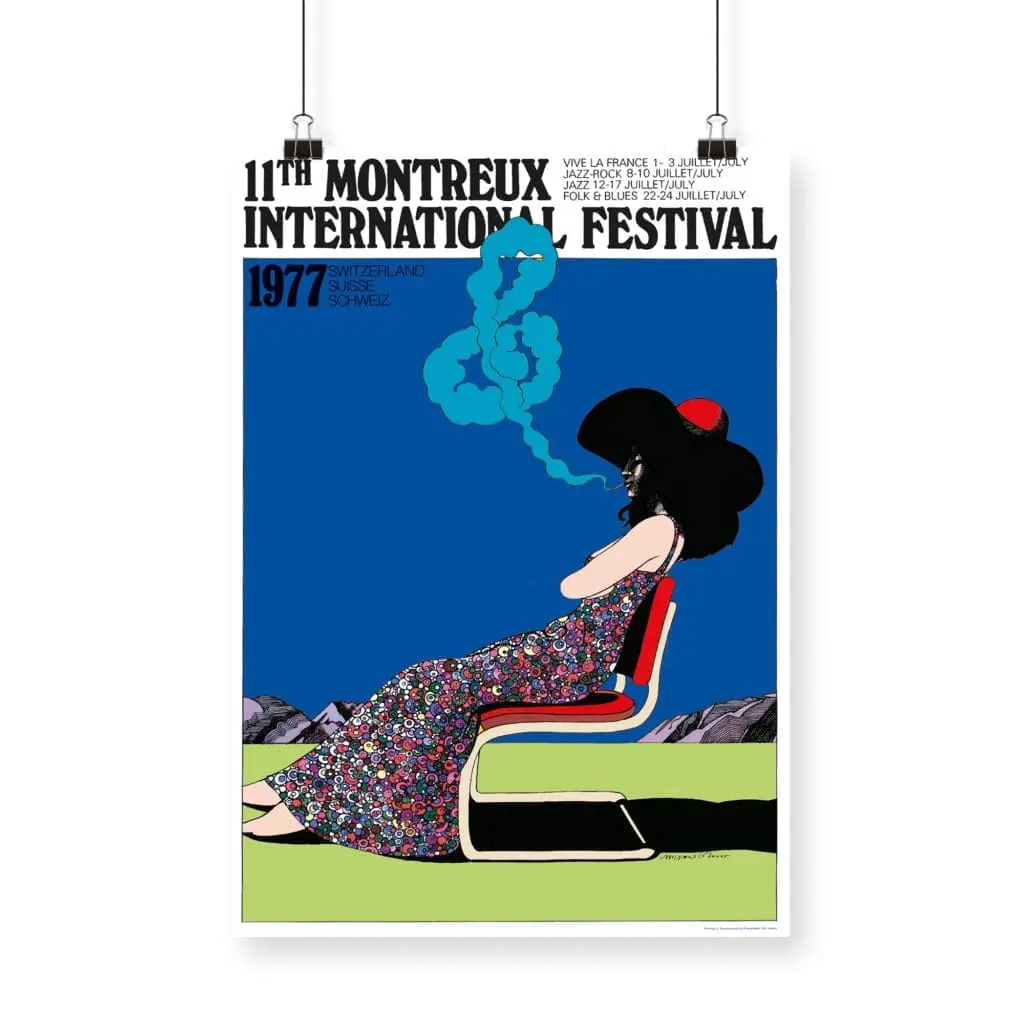 Affiche Milton Glaser, 1977, représente une femme vêtue d'une robe à fleurs et d'un grand chapeau, assise et fumant, la fumée bleue s'élevant vers le haut, avec des montagnes à l'arrière-plan.