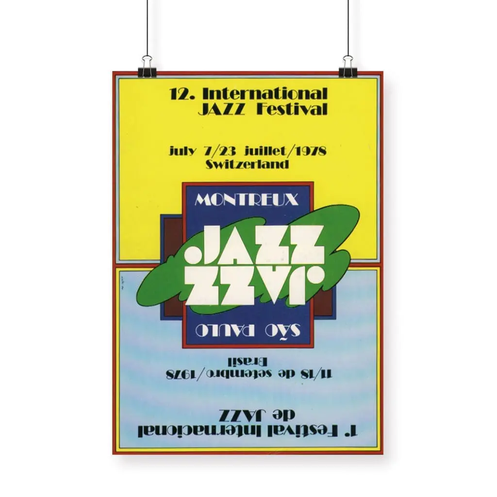 Affiche Walter Ono, 1978 : Créé pour le 12e Festival de jazz de Montreux, du 7 au 23 juillet, en Suisse. Il présente des formes géométriques audacieuses jaunes, bleues et vertes, ainsi que du texte à l'envers.