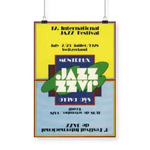 Affiche Walter Ono, 1978 : Créé pour le 12e Festival de jazz de Montreux, du 7 au 23 juillet, en Suisse. Il présente des formes géométriques audacieuses jaunes, bleues et vertes, ainsi que du texte à l'envers.