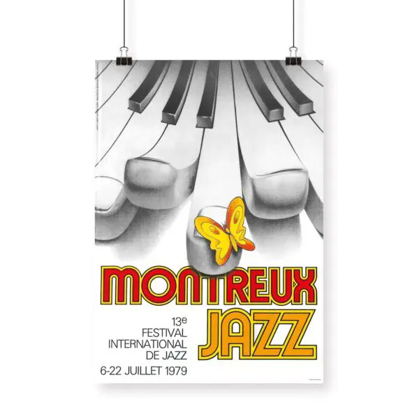 Poster Marco Antonio Batan, 1979: Features distorted piano keys, a yellow and red butterfly, and bold French text with the 13th Montreux Jazz Festival’s name, dates (6-22 July 1979), and location.