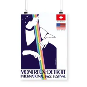 Affiche Karen Magdalen Ringler, 1980 : Affiche du Festival international de jazz de Montreux-Détroit représentant une figure abstraite bleu foncé, une bande arc-en-ciel et les drapeaux suisse et américain dans le coin supérieur droit.