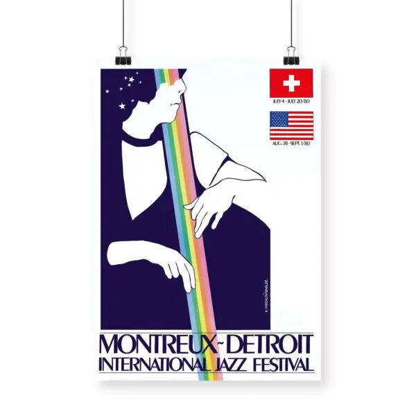 Affiche Karen Magdalen Ringler, 1980 : Affiche du Festival international de jazz de Montreux-Détroit représentant une figure abstraite bleu foncé, une bande arc-en-ciel et les drapeaux suisse et américain dans le coin supérieur droit.