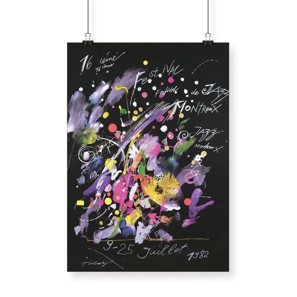 Poster Jean Tinguely, 1982: Abstract Montreux Jazz Festival poster with colorful splashes, dots, and brushstrokes on black, featuring white handwritten text and the dates "9-25 Juillet 1982" and "Festival de Jazz Montreux.