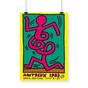 The Poster Keith Haring, 1983 - Yellow features a pink abstract dancing figure with swirling lines on green, bordered in yellow, created for the Montreux Jazz Festival and showcasing bold hand-drawn event details at the bottom.