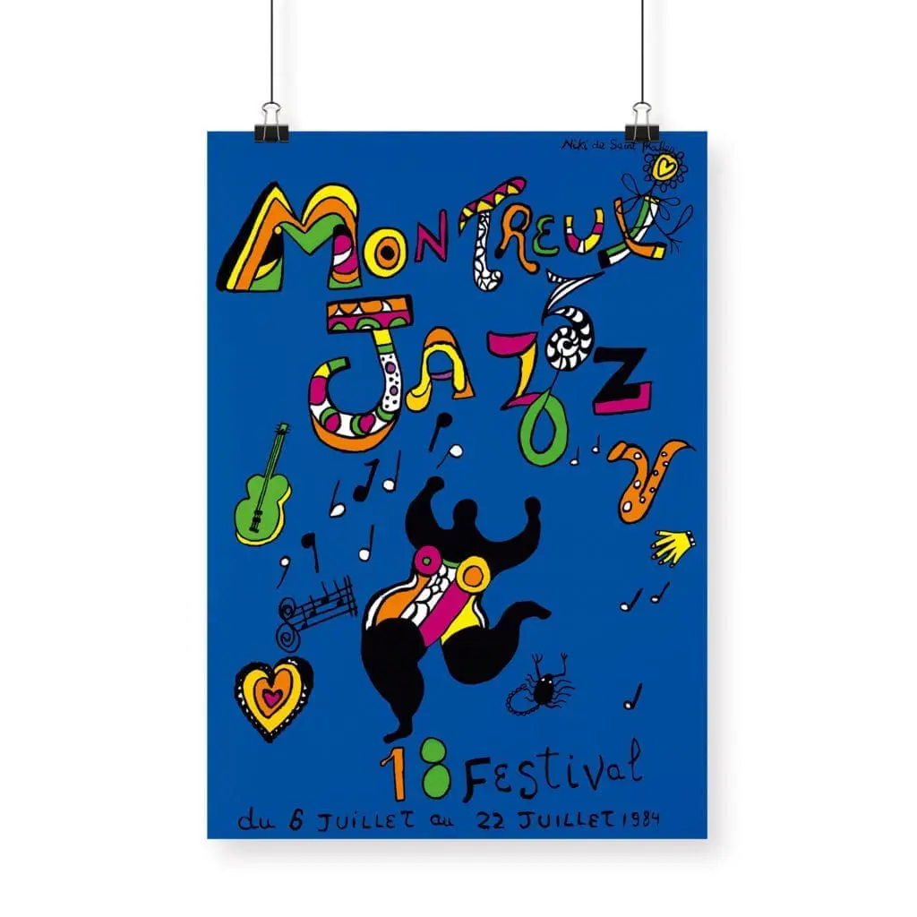 Bright, abstract Poster Niki de Saint Phalle, 1984, created for Montreux Jazz Festival; features dancing figures, musical instruments, notes and vivid text on a blue background.