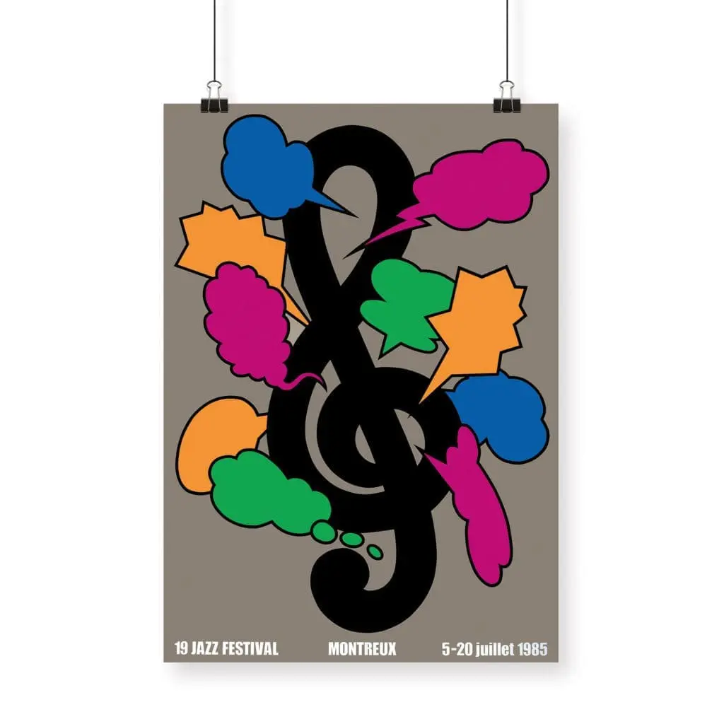 Poster Shigeo Fukuda, 1985: Features a bold black treble clef with vibrant speech bubbles and shapes on gray, promoting the 1985 Montreux Jazz Festival with event details at the bottom.