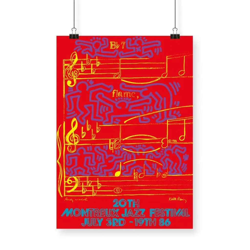 A vibrant red "Poster Keith Haring and Andy Warhol, 1986" features abstract yellow and blue line art of musical notes and figures. Text below reads: 20th Montreux Jazz Festival July 3rd - 19th 86.