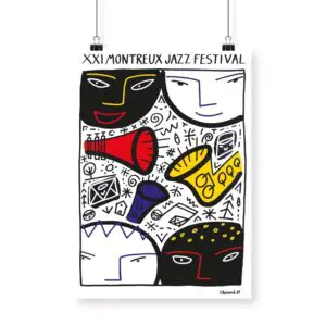 Poster François Boisrond, 1987: Colorful abstract faces and jazz instruments—red trumpet, blue and yellow saxophones—plus musical notes and symbols from the XXI Montreux Jazz Festival.