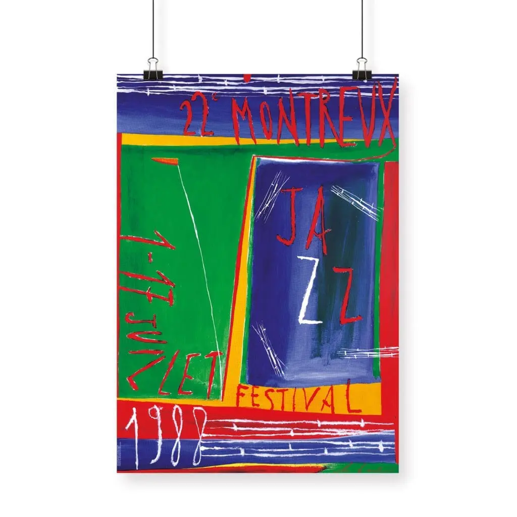 Poster "Nicola de Maria, 1988": A colorful abstract design created for the 22nd Montreux Jazz Festival, featuring bold handwritten event details—Jazz, 22 Montreux, 1-17 Juillet, and 1988—on vibrant geometric shapes.