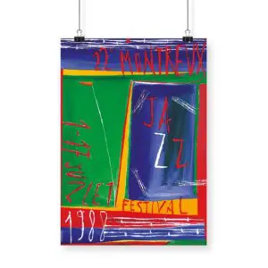 Poster "Nicola de Maria, 1988": A colorful abstract design created for the 22nd Montreux Jazz Festival, featuring bold handwritten event details—Jazz, 22 Montreux, 1-17 Juillet, and 1988—on vibrant geometric shapes.