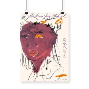 The Poster Luciano Castelli, 1989, showcases a colorful abstract portrait with expressive brushstrokes for the 21st Montreux Jazz Festival (7–22 July 1989), text and artist’s signature visible. The artwork hangs by two clips.