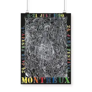 Poster Bernhard Luginbühl, 1990: Vibrant Montreux Jazz Festival design with intricate white line art on black and bold multicolored event text for the July 6–21, 1990 edition.