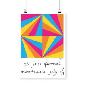 Poster Max Bill, 1991: A vibrant geometric poster with yellow, pink, red, and blue triangles. Features handwritten text "25 jazz festival montreux july 91" below. Displayed hanging from two clips.