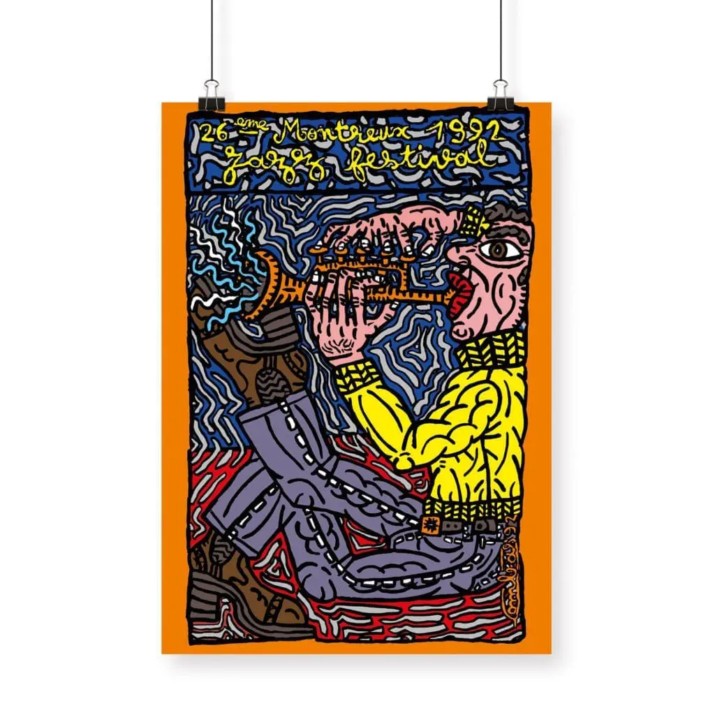 Colorful abstract Poster Robert Combas, 1992, shows a musician cross-legged playing trumpet amid swirling patterns. Orange border with "26e Montreux 1992 Jazz Festival" at the top.