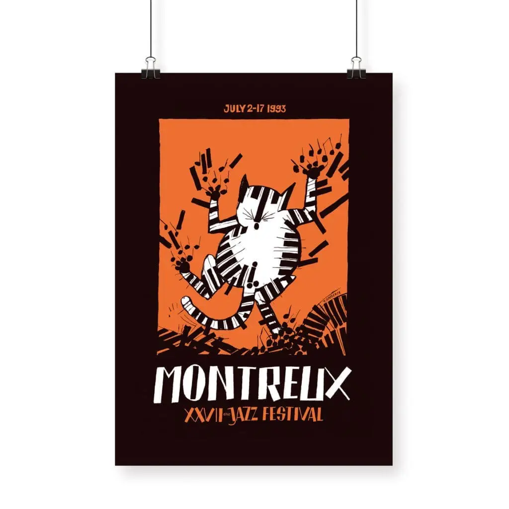 Poster Tomi Ungerer, 1993: Features a stylized cat with piano key stripes amid abstract shapes on an orange background. Includes the text "July 2-17 1993, Montreux, XXVII Jazz Festival.