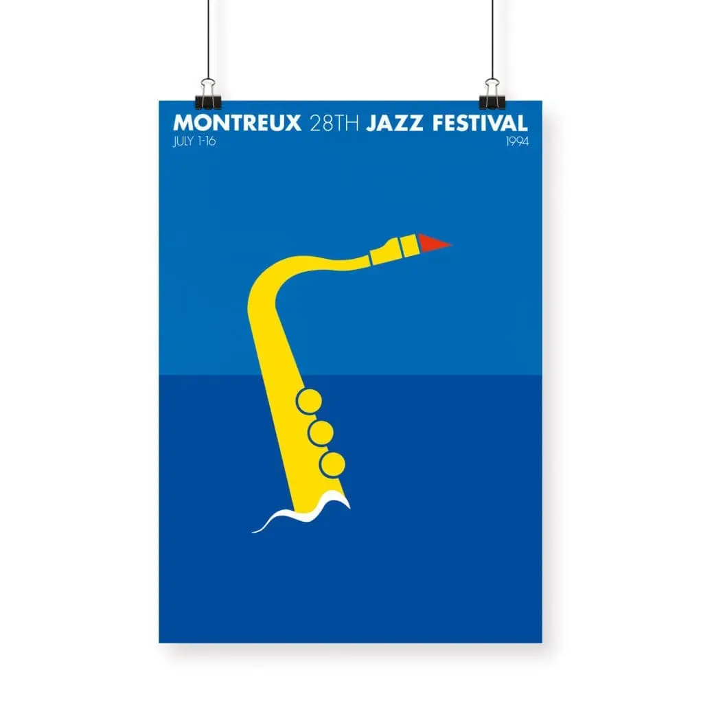 Poster Per Arnoldi, 1994 showcases a stylized yellow saxophone with four keys set against a blue background, with Montreux 28th Jazz Festival event details in white and blue text at the top.