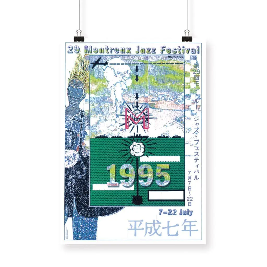 Poster for David Bowie's 1995 performance, featuring abstract and surreal graphics, bold text, and event details in English and Japanese, with a blue, green, and white color scheme.