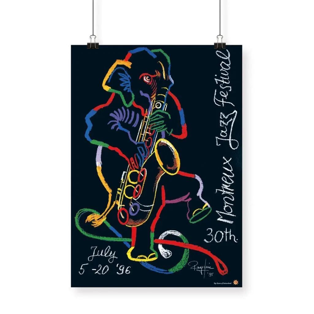 Poster Rolf Knie, 1996: This vibrant abstract poster by Rolf Knie features a saxophone player for the 30th Montreux Jazz Festival with festival details, dates (July 5-20, 1996), and the artist’s signature on a dark background.