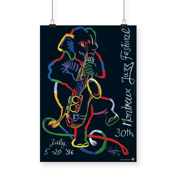 Poster Rolf Knie, 1996: This vibrant abstract poster by Rolf Knie features a saxophone player for the 30th Montreux Jazz Festival with festival details, dates (July 5-20, 1996), and the artist’s signature on a dark background.